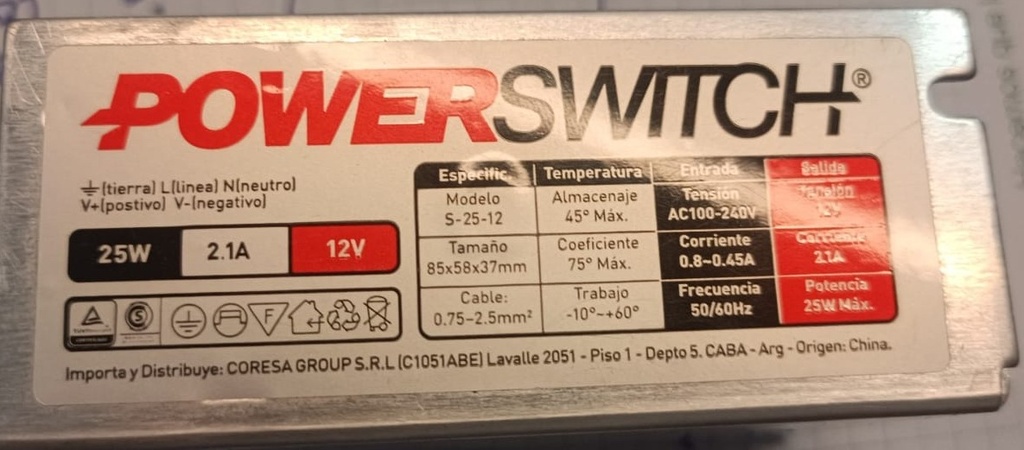 FUENTE SWITCH 25W 2.1A 12V
