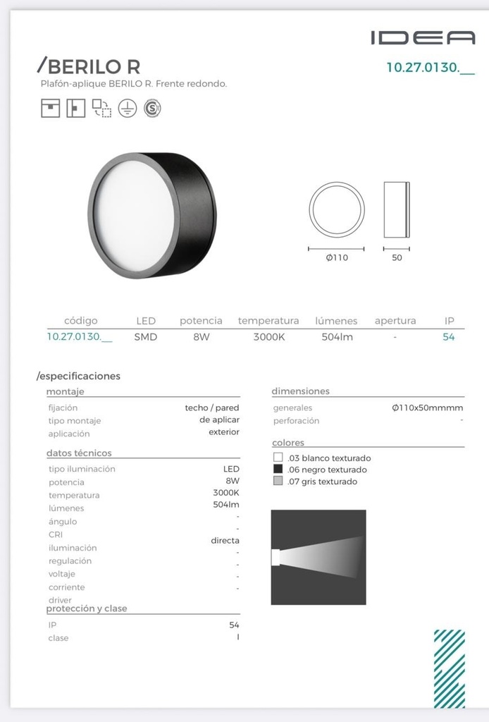 BERILO R PLAF.Ø110X50 MM. 2700K.504LM IP54 GRIS GRAFITO